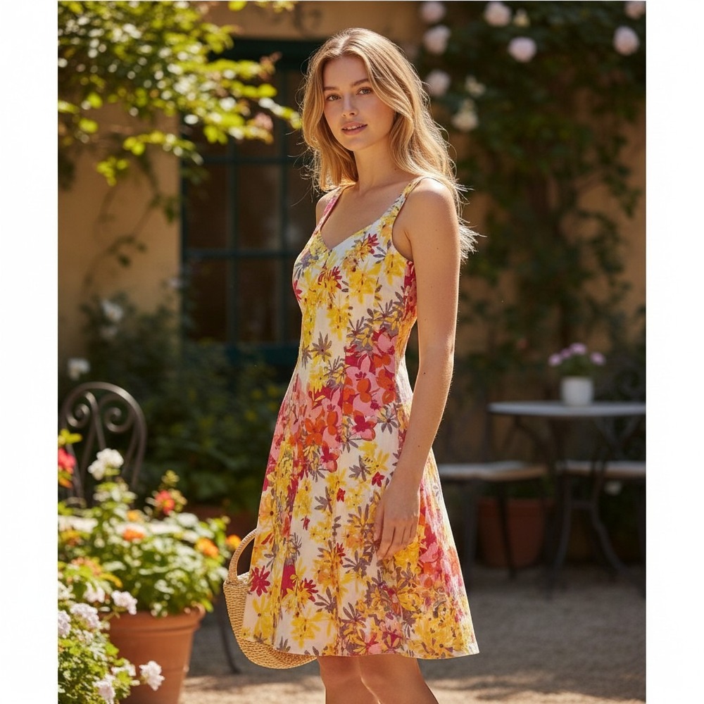 Jones Wear Dress Women 10 White With Pink/Yellow Flowers Slvless "Boning" Bodice